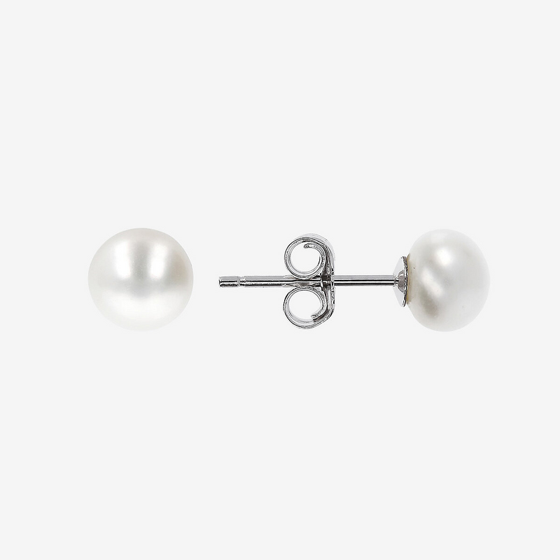 Earrings with White Freshwater Pearl Buttons Ø 6/6.5 mm in 18Kt White Gold Plated 925 Silver