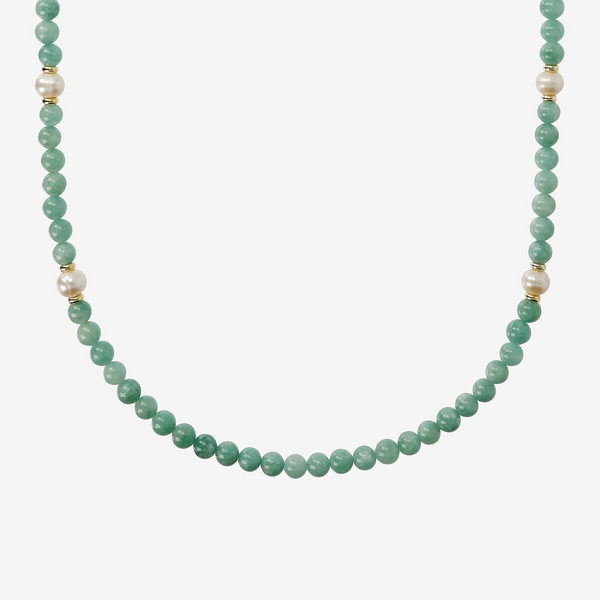 Long Necklace with Green Quartzite and White Freshwater Pearls Ø 9/10 mm in 18kt Yellow Gold Plated 925 Silver