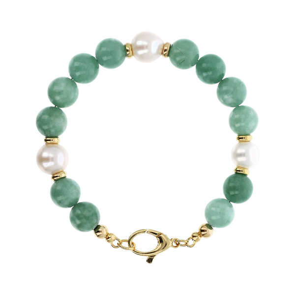 Bracelet avec Quartzite Verte et Perles d'Eau Douce Blanches Ø 10/11 mm en Argent 925 doré à l'or fin 18ct