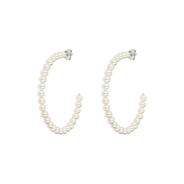 Boucles d'oreilles pendantes créoles en argent 925 plaqué or blanc 18 carats avec perles d'eau douce blanches Ø 4/4,5 mm