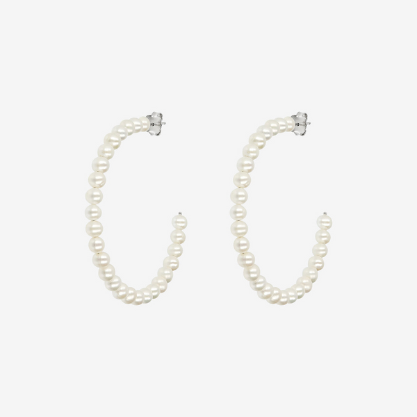 Hoop Earrings in 925 Sterling Silver 18Kt White Gold Plated with White Freshwater Pearls Ø 4/4.5 mm