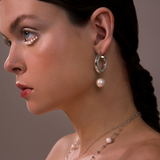 Hoop Earrings with White Freshwater Ming Pearls Ø 12/13 mm in 18Kt White Gold Plated 925 Silver