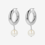 Hoop Earrings with White Freshwater Ming Pearls Ø 12/13 mm in 18Kt White Gold Plated 925 Silver