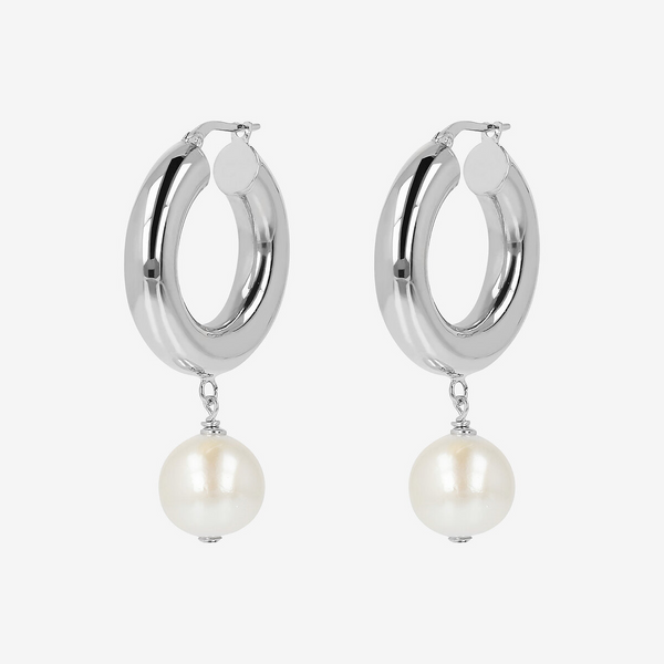 Hoop Earrings with White Freshwater Ming Pearls Ø 12/13 mm in 18Kt White Gold Plated 925 Silver