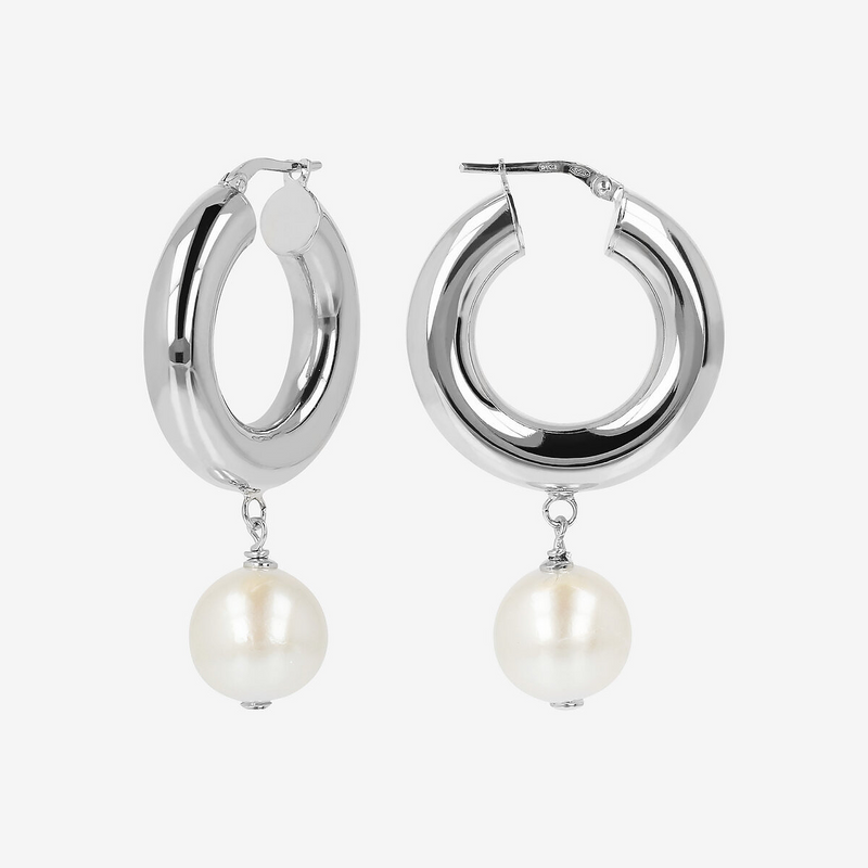 Hoop Earrings with White Freshwater Ming Pearls Ø 12/13 mm in 18Kt White Gold Plated 925 Silver