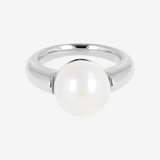 Bague Solitaire Bombée en Argent 925 Plaqué Or Blanc 18 Carats avec Perle Bouton d'eau Douce Blanche Ø 12 mm