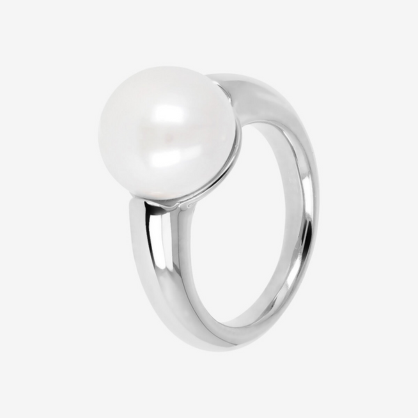 Anello Solitario Bombato in Argento 925 placcato Oro Bianco 18Kt con Perla a Bottone Bianca d'Acqua Dolce Ø 12 mm