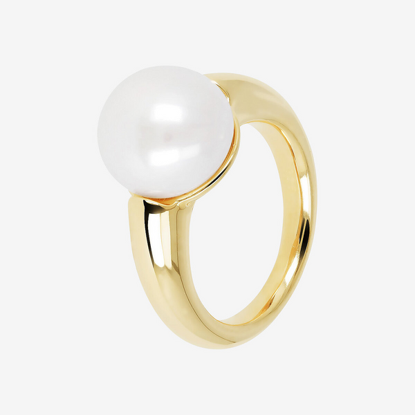 Solitaire Ring with White Freshwater Button Pearl Ø 12 mm in 18Kt Yellow Gold Plated 925 Silver