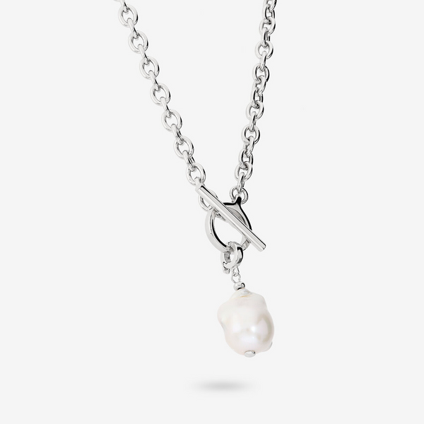 Collana in Argento 925 placcato Oro Bianco 18Kt e Pendente con Perla Scaramazza Bianca d'Acqua Dolce Ø 16 mm