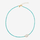 Choker Necklace with Blue Stone and White Freshwater Baroque Pearl Ø 13 mm in 18Kt Yellow Gold Plated 925 Silver