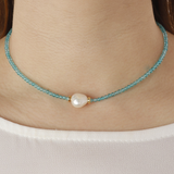 Choker Necklace with Blue Stone and White Freshwater Baroque Pearl Ø 13 mm in 18Kt Yellow Gold Plated 925 Silver