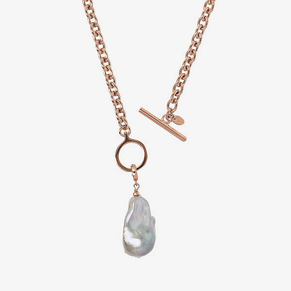 Collana Girocollo Catena Rolo e Pendente con Perla Scaramazza d'Acqua Dolce Grigia in Argento 925 placcato Oro Rosa 18Kt