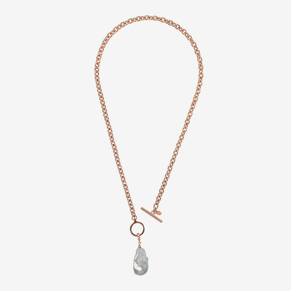 Collana Girocollo Catena Rolo e Pendente con Perla Scaramazza d'Acqua Dolce Grigia in Argento 925 placcato Oro Rosa 18Kt