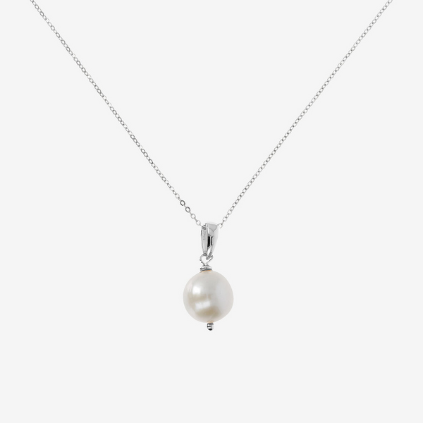 Collier Rond Pendentif Perle d'Eau Douce Blanche Ming Doré à l'or fin 18ct Ø 12/13 mm et Chaîne Brillante