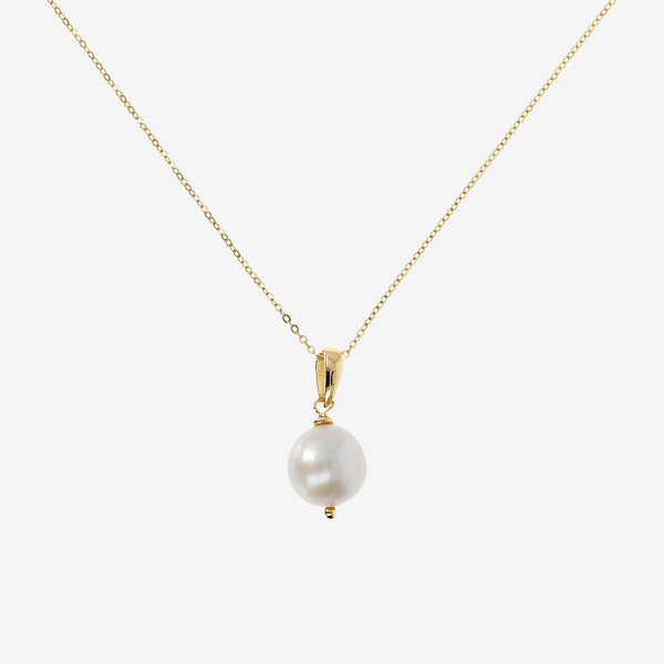 Collier Pendentif Perle Ming Blanche D'eau Douce Doré à l'or fin 18ct Ø 12/13 mm Chaîne Brillantina