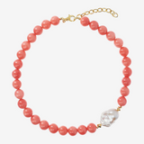 Choker Necklace with Pink Quartzite and White Freshwater Scaramazza Pearl Ø 14/14.5 mm in 18Kt Yellow Gold Plated 925 Silver