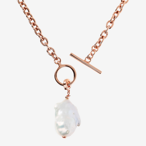 Collana Girocollo Catena Rolo in Argento 925 placcato Oro Rosa 18Kt e Pendente con Perla Scaramazza Bianca d'Acqua Dolce