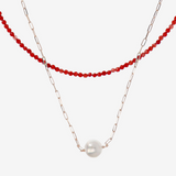 Collier Double Ras-du-Cou avec Quartzite Rouge et Lien Forzatina avec Perle Ming Blanche Ø 11 mm en Argent 925 Doré à l'or fin 18ct