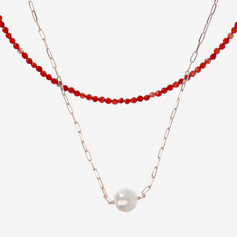 Doppia Collana Girocollo con Quarzite Rossa e Maglia Forzatina con Perla Ming Bianca Ø 11 mm in Argento 925 placcato Oro rosa 18Kt