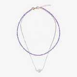 Collier Double Ras-du-Cou avec Quartzite Violette et Lien Forzatina avec Perle Ming Blanche Ø 11 mm en Argent 925 Doré à l'or fin 18ct