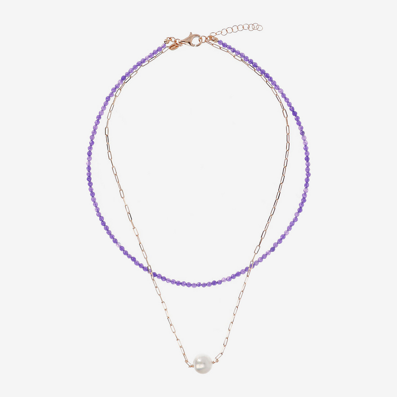 Collier Double Ras-du-Cou avec Quartzite Violette et Lien Forzatina avec Perle Ming Blanche Ø 11 mm en Argent 925 Doré à l'or fin 18ct