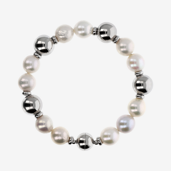 Bracciale con Perle Ming d'Acqua Dolce Bianche Ø 10/11 mm in Argento 925 placcato Oro Bianco 18Kt