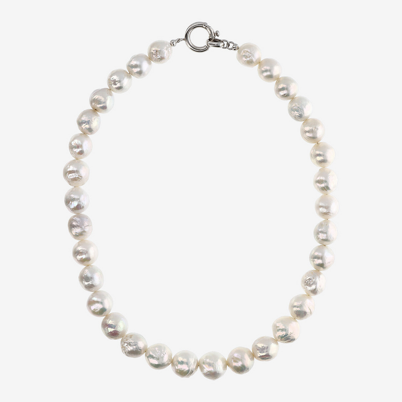 Choker Necklace with White Baroque Ming Freshwater Pearls Ø 12/13 mm in 18Kt White Gold Plated 925 Silver