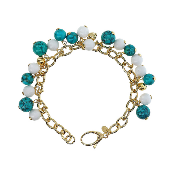 Bracelet en Argent 925 Plaqué Or Jaune 18 Carats avec Pierres Naturelles Turquoise et Quartzite