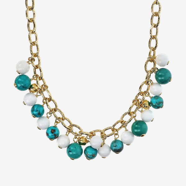 Collier ras du cou en argent 925 plaqué or jaune 18 carats avec pierres naturelles turquoise et quartzite