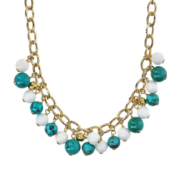 18Kt Yellow Gold Plated 925 Silver Choker Necklace with Natural Turquoise and Quartzite Stones