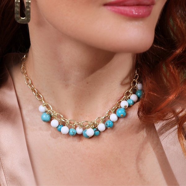 18Kt Yellow Gold Plated 925 Silver Choker Necklace with Natural Turquoise and Quartzite Stones