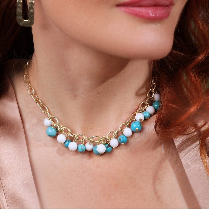 18Kt Yellow Gold Plated 925 Silver Choker Necklace with Natural Turquoise and Quartzite Stones