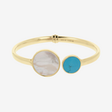 Bracelet Rigide en Argent 925 Plaqué Or Jaune 18Kt avec Double Disque en Magnésite Turquoise et Nacre Blanche