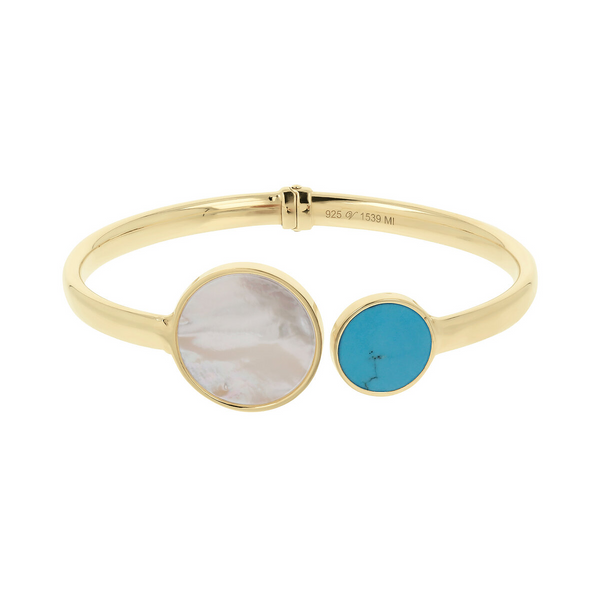 Rigid Bracelet in 18Kt Yellow Gold Plated 925 Silver with Double Disc in Turquoise Magnesite and White Mother of Pearl