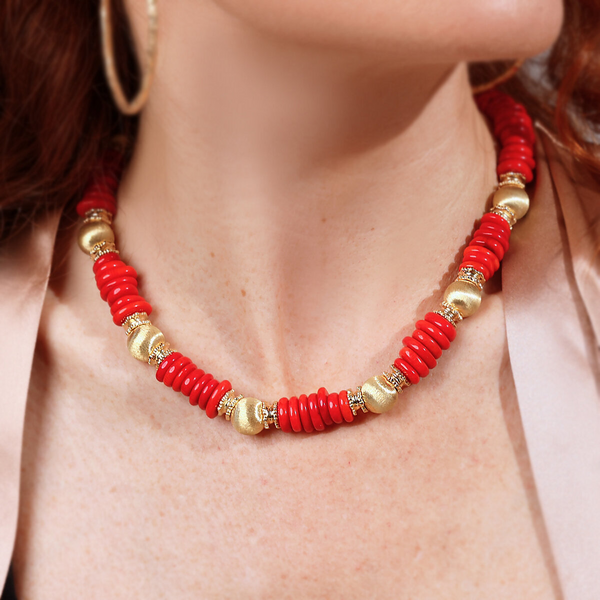 Choker Necklace in 18Kt Yellow Gold plated 925 Silver with Bamboo Coral and Satin Beads
