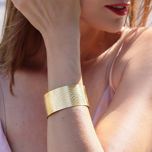 Rigid Band Bracelet in 18Kt Yellow Gold Plated 925 Silver, Hammered Surface