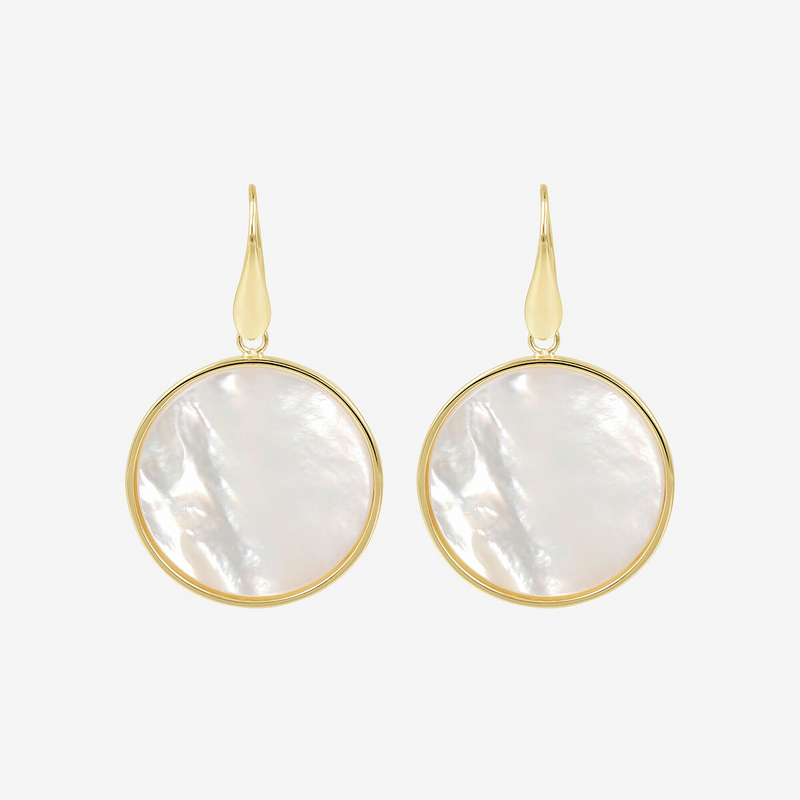 Pendant Earrings in 18Kt Yellow Gold Plated 925 Silver with White Mother of Pearl Disc