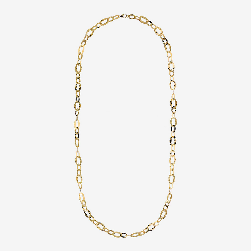 Long Hammered Necklace with Alternating Flat Oval Links in 18Kt Yellow Gold Plated 925 Silver