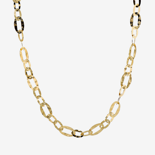 Collana Lunga Martellata con Maglie Ovali Piatte Alternate in Argento 925 placcato Oro Giallo 18Kt