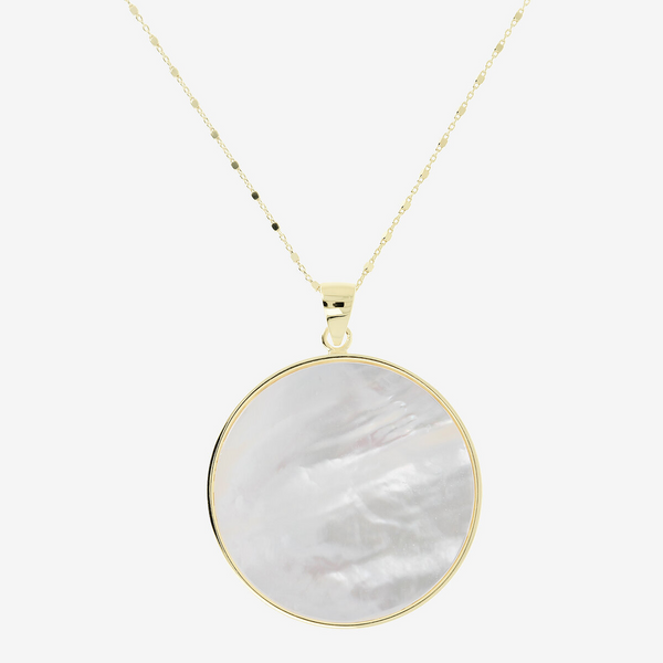 Long Necklace in 18kt Yellow Gold Plated 925 Silver with White Mother of Pearl Natural Stone Pendant