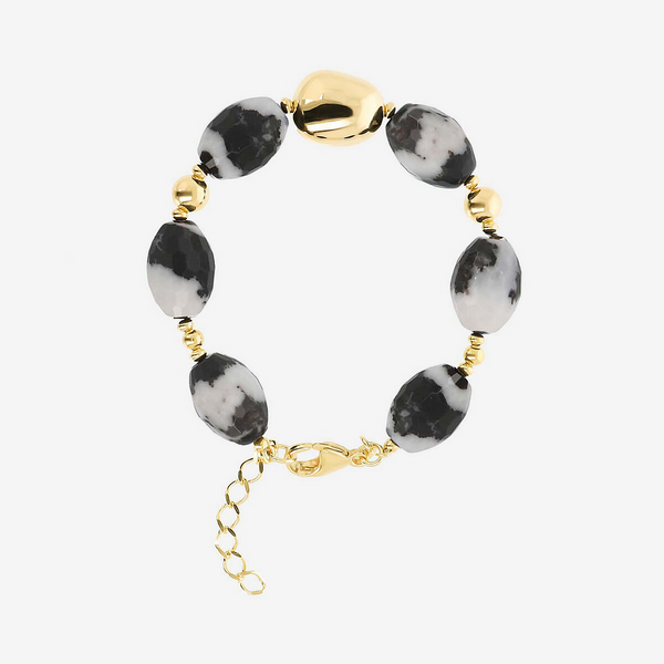 Bracciale in Argento 925 placcato Oro Giallo 18Kt con Pietre Naturali in Diaspro Bianco e Nero Sfaccettato