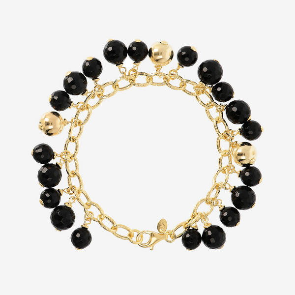 Bracciale con Charm in Onice Nero Sfaccettato e Bead Lucide in Argento 925 placcato Oro Giallo 18Kt