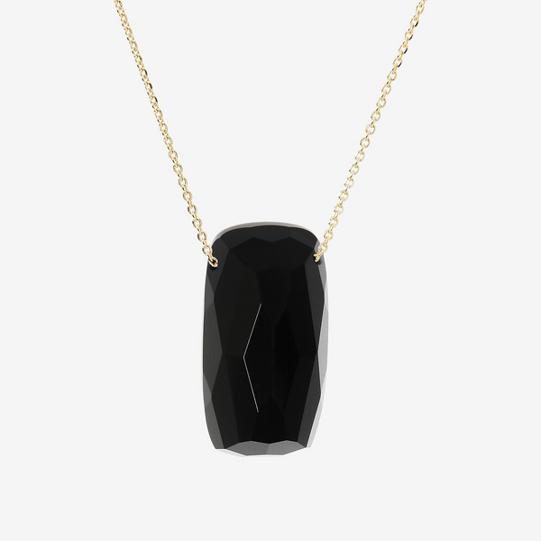 925 Sterling Silver 18Kt Yellow Gold Plated Brilliant Link Necklace with Faceted Black Onyx Natural Stone Pendant