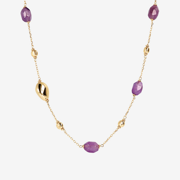 Collana Girocollo Maglia Brillantina in Argento 925 placcato Oro Giallo 18Kt con Pepite Lucide e Pietre Naturali in Ametista Viola