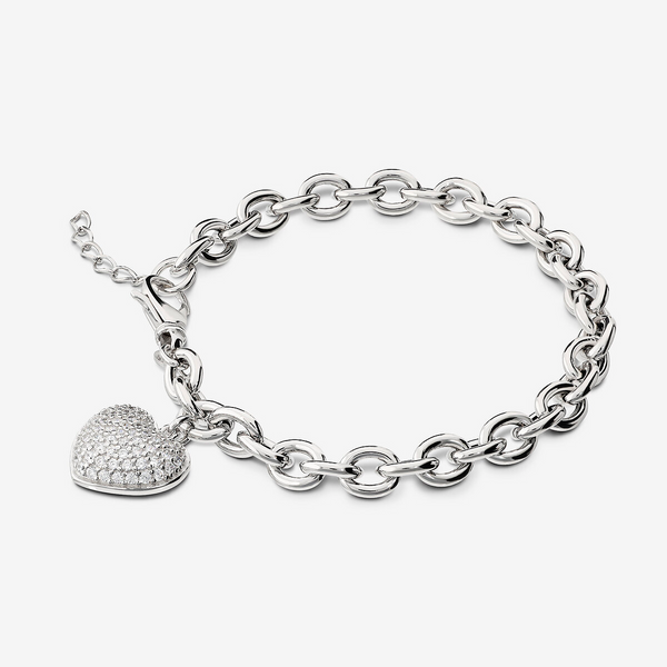 Bracciale Maglia Rolo e Ciondolo Cuore con Cubic Zirconia in Argento 925 placcato Platino