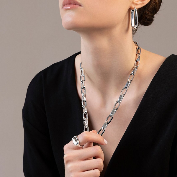 Maxi Elongated Oval Link Necklace and Hidden Clasp in Platinum Plated 925 Silver