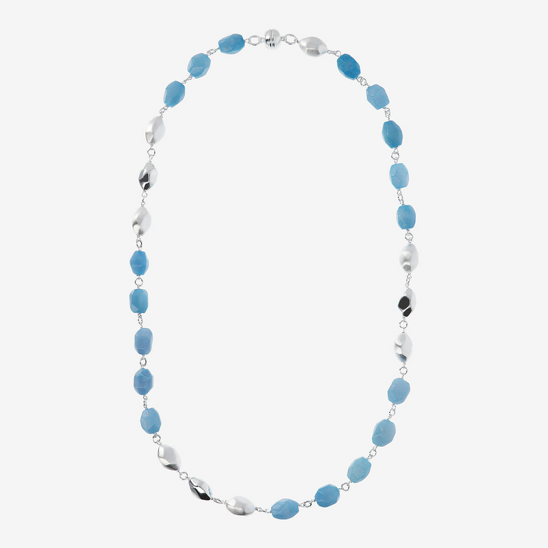 Collana Lunga con Pepite Elettroformate in Argento 925 placcato Platino e Pepite in Quarzite Azzurra Sfaccettata