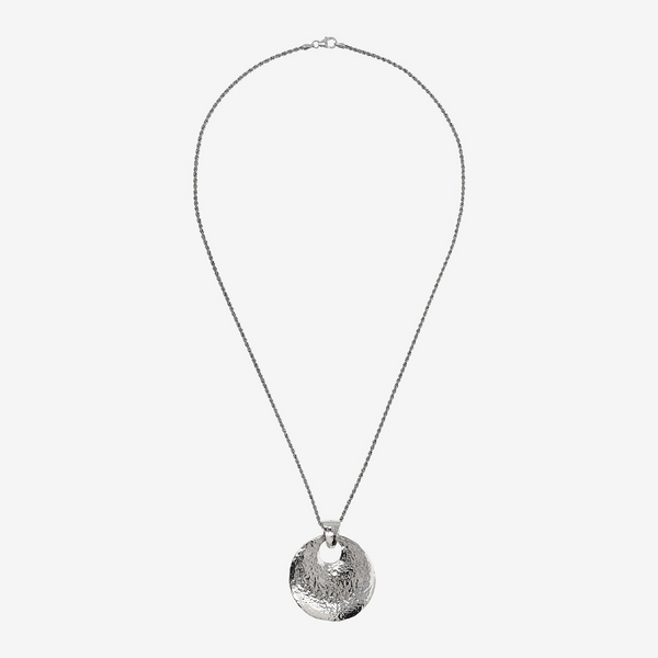 Long Necklace in Platinum-plated 925 Silver and Hammered Shield Pendant