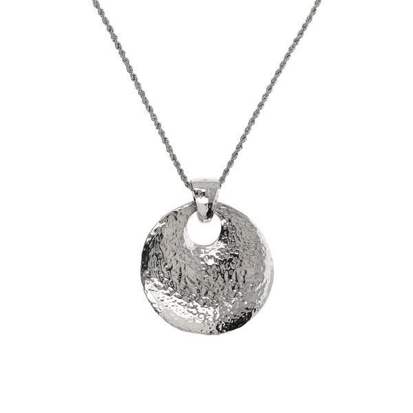 Long Necklace in Platinum-plated 925 Silver and Hammered Shield Pendant