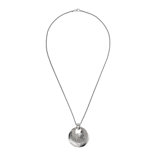 Long Necklace in Platinum-plated 925 Silver and Hammered Shield Pendant